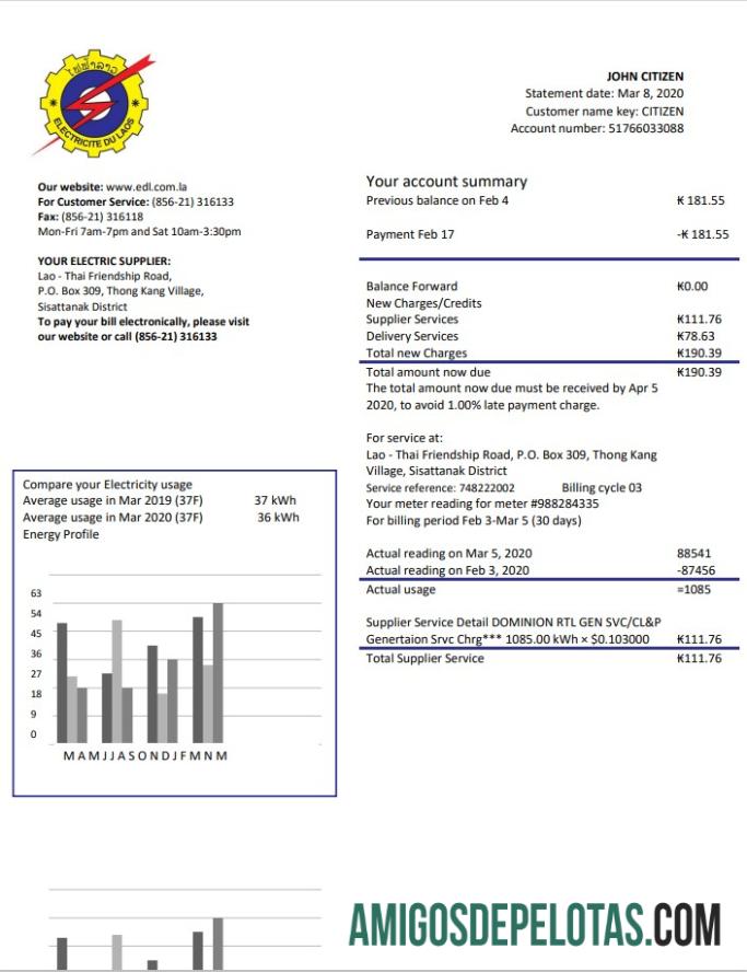 Para baixar modelo de conta de serviços públicos de eletricidade do Laos Electricite Du Laos em formato Word e PDF